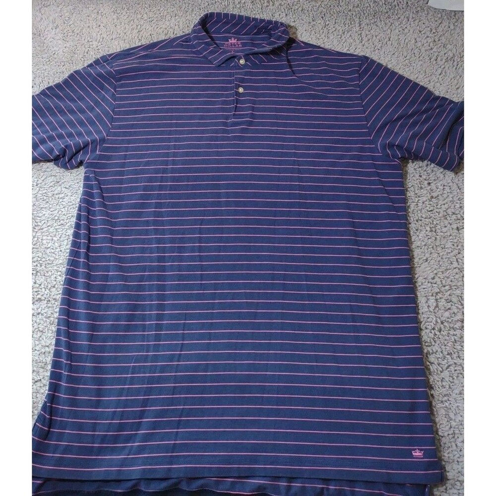 Peter Millar Large Seaside Wash Navy Blue Pike Stripe Polo Preppy Golf Coastal